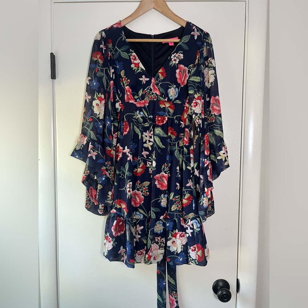 Betsey Johnson Floral Dress Long Sleeve Ruffle Flounce Navy Red Pink Size 2